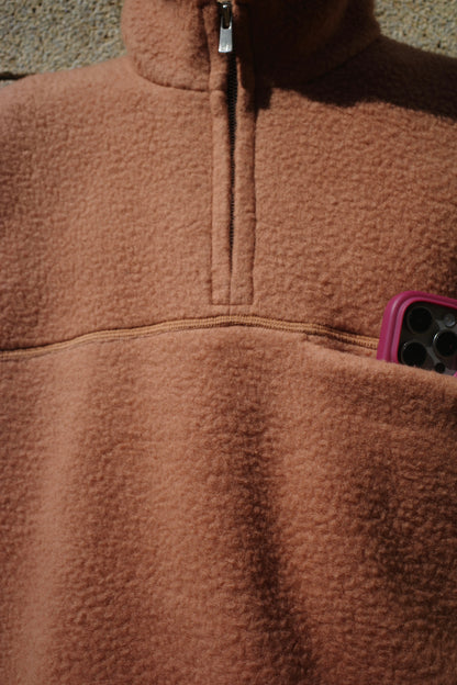 Wool-blend Quarter-zip Fleece Pullover in Camel