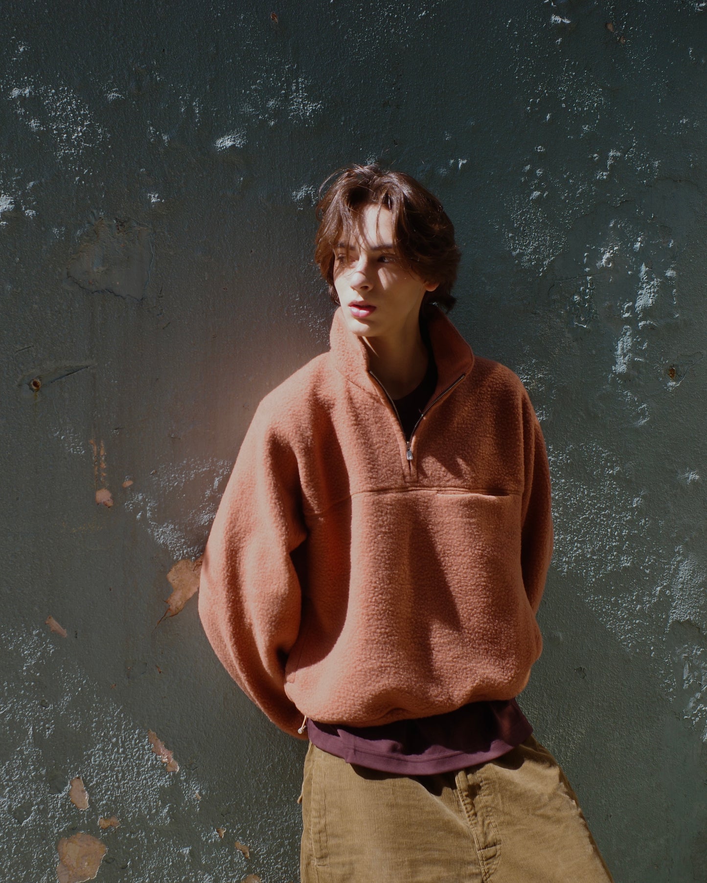 Wool-blend Quarter-zip Fleece Pullover in Camel